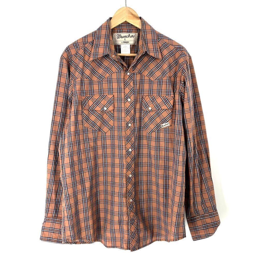 Wrangler Wrancher Shirt Size Large Mens Rust Plaid Western Pearl Snap Button
